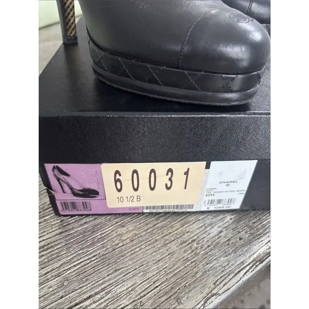 CHANEL Black Leather High Heel Pumps with CC Cap Toe 40.5 with box and receipt